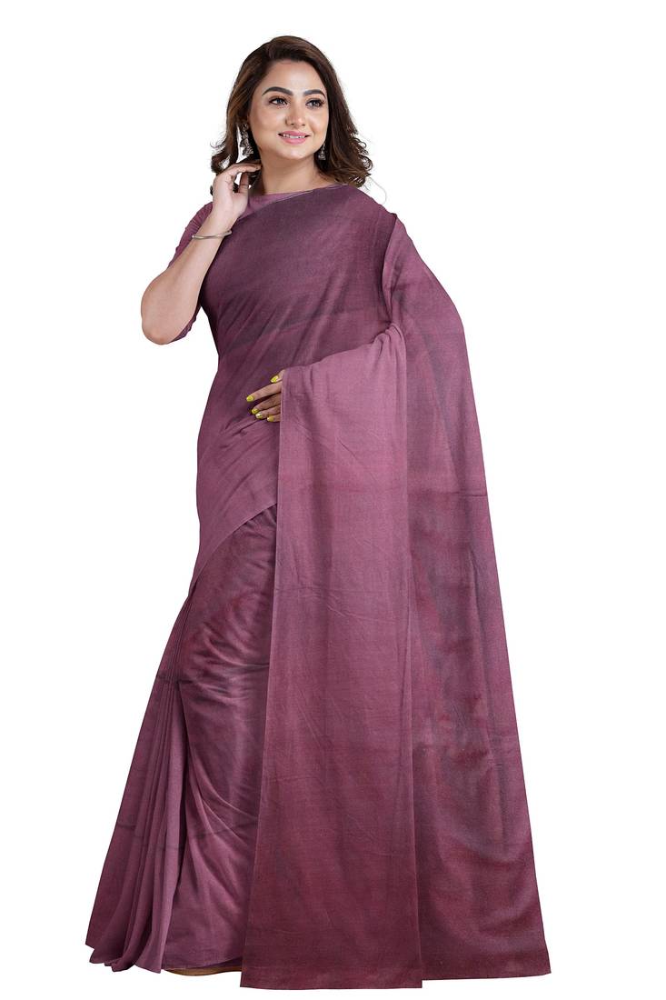Purple plain cotton saree with blouse