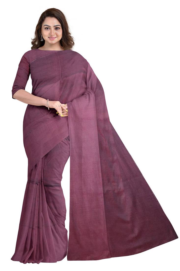Purple plain cotton saree with blouse