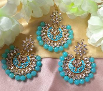Sky Blue Pearl Kundan Meenakari Huge Earrings Tikka Set 1