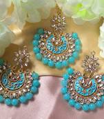Sky Blue Pearl Kundan Meenakari Huge Earrings Tikka Set