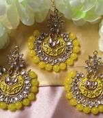 Yellow Pearl Kundan Meenakari Huge Earrings Tikka Set