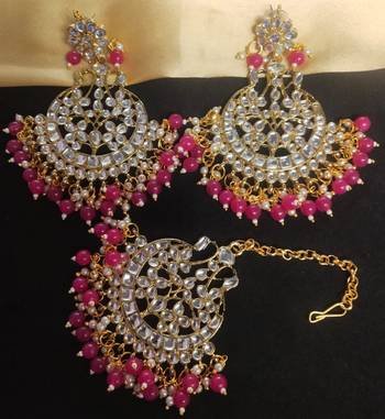 Bridal Earrings Tikka Set Kundan Earrings Tikka Set Ruby Pearl Earrings Tikak Set 1