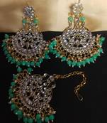 Bridal Earrings Tikka Set Kundan Earrings Tikka Set Mint Green Pearl Earrings Tikak Set