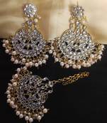 Bridal Earrings Tikka Set Kundan Earrings Tikka Set Cream Pearl Earrings Tikak Set