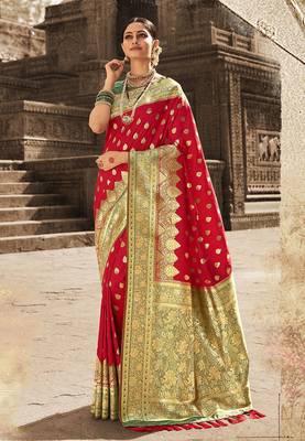 Red woven banarasi silk saree with blouse 1