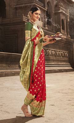 Red woven banarasi silk saree with blouse 2