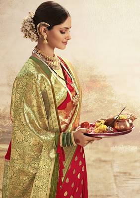 Red woven banarasi silk saree with blouse 4