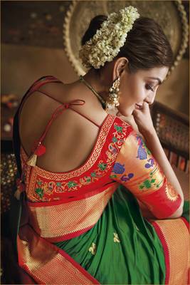 Green woven silk saree with blouse 2