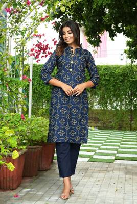 Navy Printed Rayon Straight Kurti 1