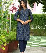 Navy Printed Rayon Straight Kurti