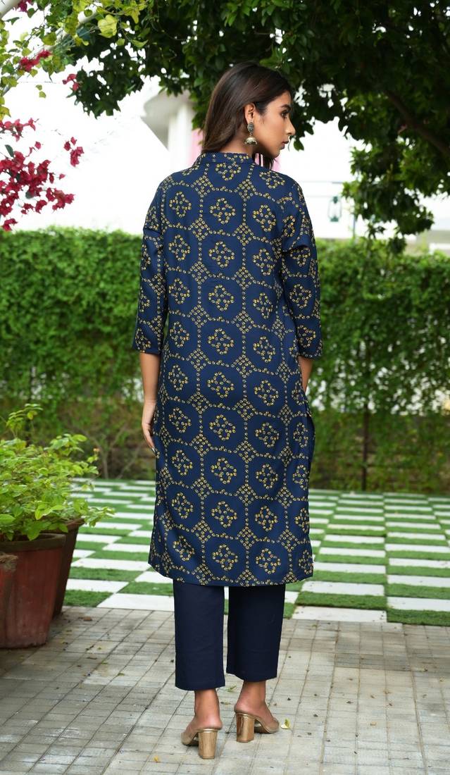 Navy Printed Rayon Straight Kurti