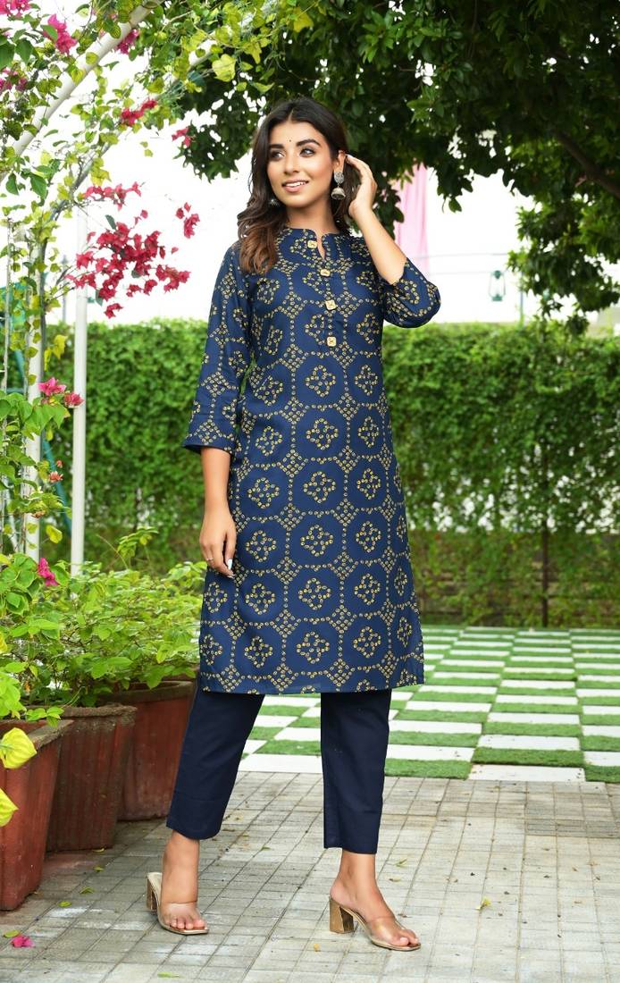 Navy Printed Rayon Straight Kurti