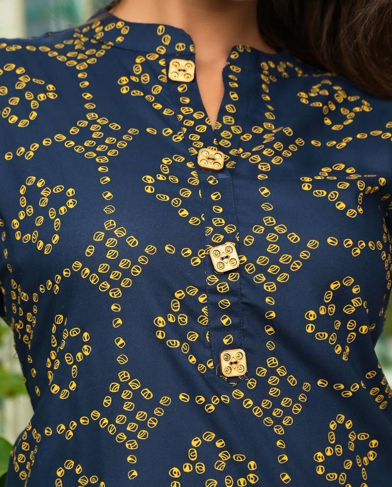 Navy Printed Rayon Straight Kurti