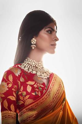 Orange woven banarasi silk saree with blouse 5
