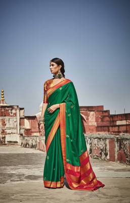 Green woven banarasi silk saree with blouse 1