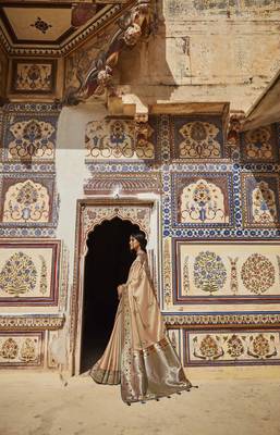 Beige woven banarasi silk saree with blouse 1
