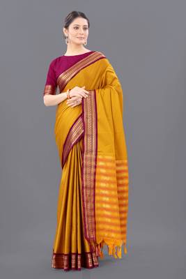 Yellow Woven Cotton Silk Saree With Blouse 1