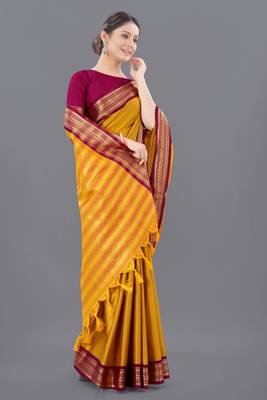 Yellow Woven Cotton Silk Saree With Blouse 3