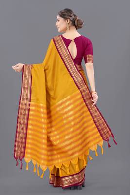 Yellow Woven Cotton Silk Saree With Blouse 4