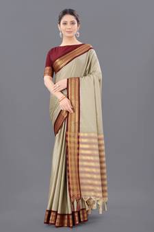 Chiku Woven Cotton Silk Saree With Blouse