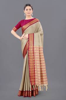 Chiku Woven Cotton Silk Saree With Blouse
