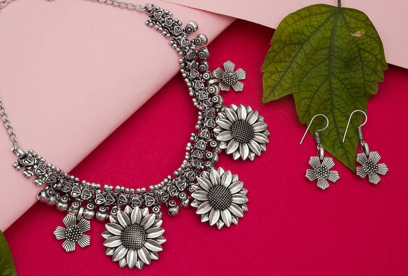 Traditinal Silver Plated Oxidised Necklace