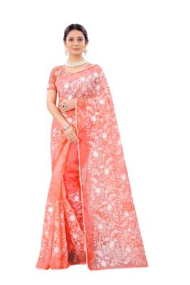 Peach embroidered organza saree with blouse 1