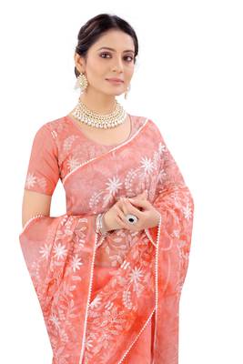 Peach embroidered organza saree with blouse 2