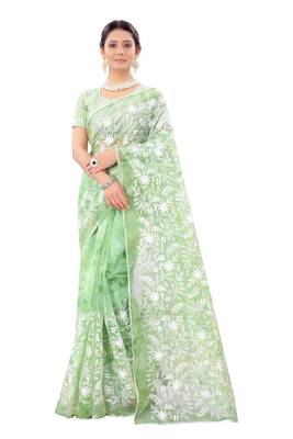 Green embroidered organza saree with blouse 1