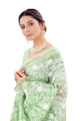 Green embroidered organza saree with blouse 2