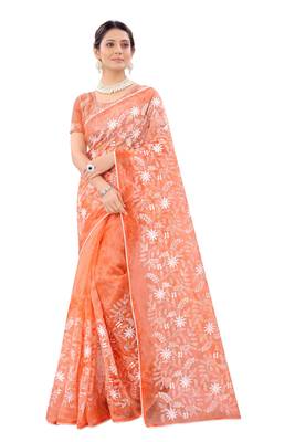Orange embroidered organza saree with blouse 1