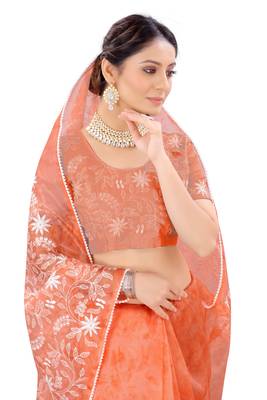 Orange embroidered organza saree with blouse 2