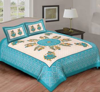 Cotton Double Bedsheet Gujari Dandiya Dance with 2 Pillow Cover (Size- 90" X 100", Color - Light Blue) 1