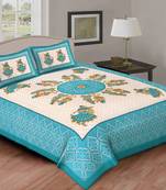 Cotton Double Bedsheet Gujari Dandiya Dance with 2 Pillow Cover (Size- 90" X 100", Color - Light Blue)