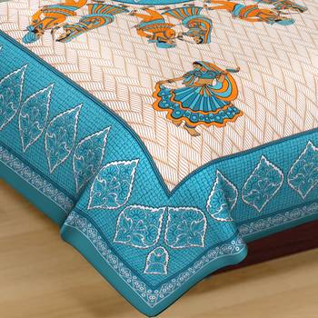 Cotton Double Bedsheet Gujari Dandiya Dance with 2 Pillow Cover (Size- 90" X 100", Color - Light Blue) 3