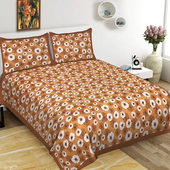 Cotton Double Bedsheet White Poppy Flowers Print with 2 Pillow Cover (Size - 90" X 100", Color - Chocolate) 1