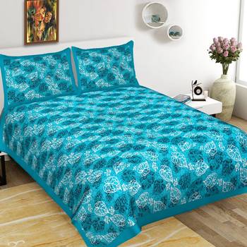 Cotton Double Bedsheet Multi Pan Print with 2 Pillow Cover (Size - 90" X 100", Color - Light Blue) 1