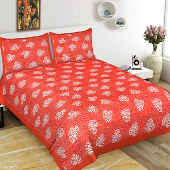 Cotton Double Bedsheet Multi Pan Print with 2 Pillow Cover (Size - 90" X 100", Color - Red) 1