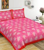 Cotton Double Bedsheet Multi Pan Print with 2 Pillow Cover (Size - 90" X 100", Color - Pink)