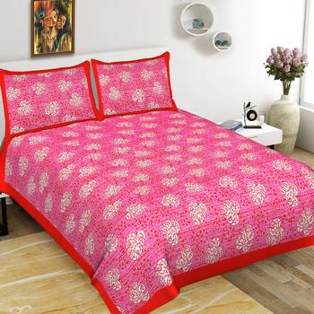 Cotton Double Bedsheet Multi Pan Print with 2 Pillow Cover (Size - 90" X 100", Color - Pink) 2