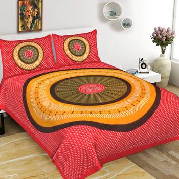 Cotton Double Bedsheet Round Bandhej Yellow Circle with 2 Pillow Cover (Size - 90" X 100", Color - Red) 1