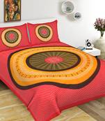 Cotton Double Bedsheet Round Bandhej Yellow Circle with 2 Pillow Cover (Size - 90" X 100", Color - Red)