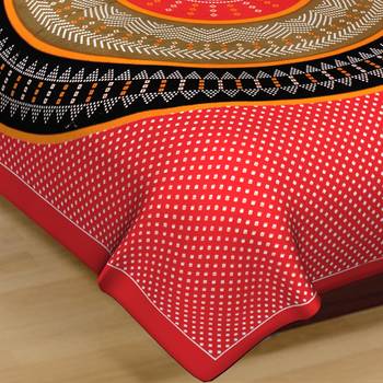 Cotton Double Bedsheet Round Bandhej Yellow Circle with 2 Pillow Cover (Size - 90" X 100", Color - Red) 3