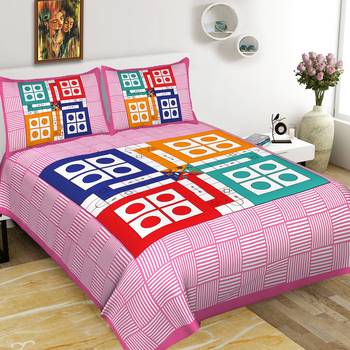 Cotton Double Bedsheet Ludo Print with 2 Pillow Cover (Size - 90" X 100", Color - Pink) 1