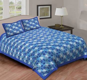 Cotton Double Bedsheet Blue Leaves Print with 2 Pillow Cover (Size - 90" X 100", Color - Blue) 1