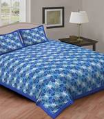 Cotton Double Bedsheet Blue Leaves Print with 2 Pillow Cover (Size - 90" X 100", Color - Blue)