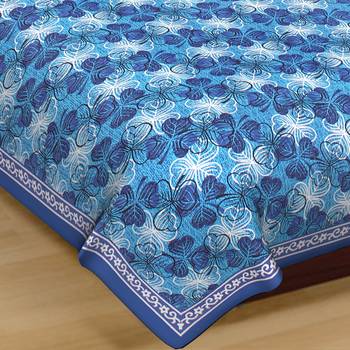 Cotton Double Bedsheet Blue Leaves Print with 2 Pillow Cover (Size - 90" X 100", Color - Blue) 3