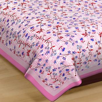 Cotton Single Bedsheet Small Leavs with bell Print with 1 Pillow Cover (Size - 60" X 90", Color - Pink) 1
