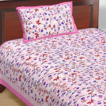 Cotton Single Bedsheet Small Leavs with bell Print with 1 Pillow Cover (Size - 60" X 90", Color - Pink) 4