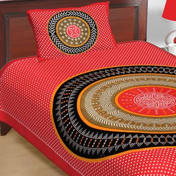 Cotton Single Bedsheet Round Bandhej Yellow Circle with 1 Pillow Cover (Size - 60" X 90", Color - Red) 1